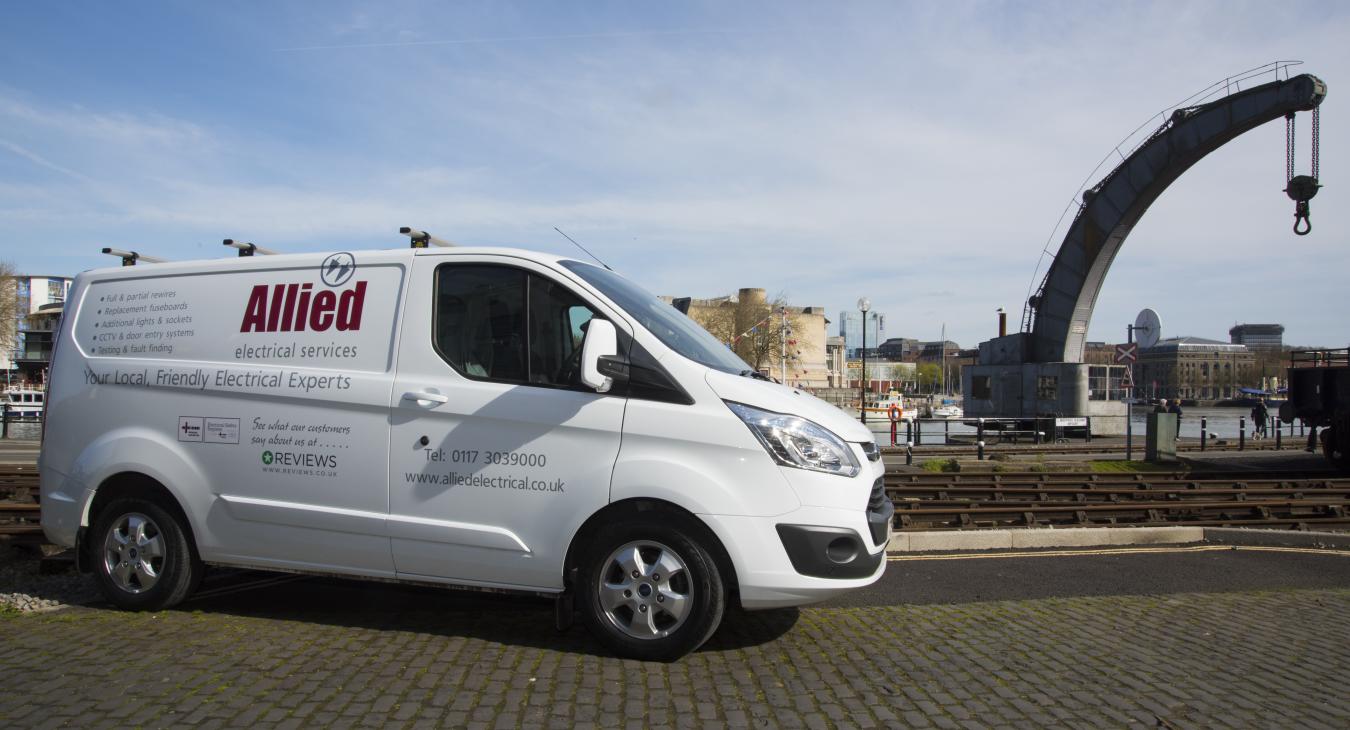 Allied Electrical Services - Registered Electrician Bristol's van parked on the docks in Bristol